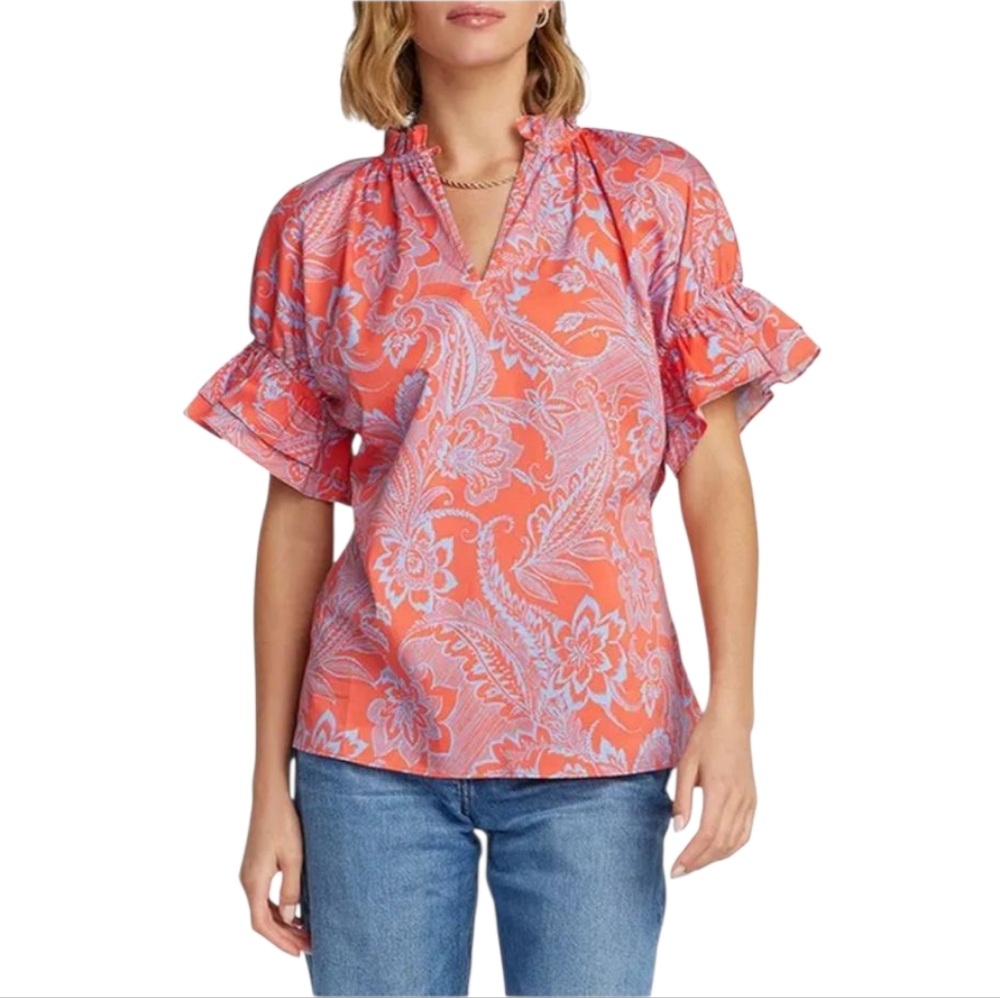 Robert Graham Paige Floral Print Puff Sleeve‎ Shirt Pink Women's Small